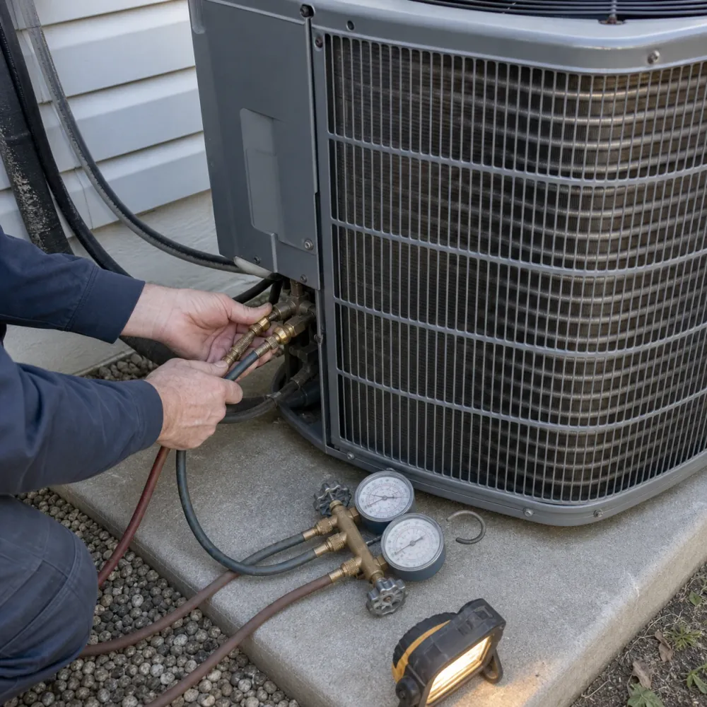Manifold gauge hoses being connected to the service valves of an outdoor condensing unit