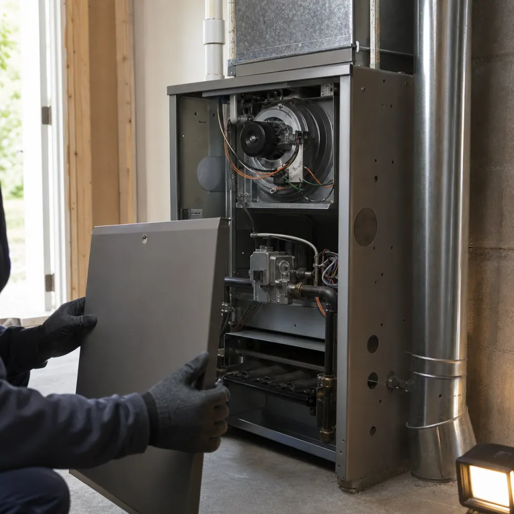Technician lifting the front access panel off a residential gas furnace to reach the burner compartment