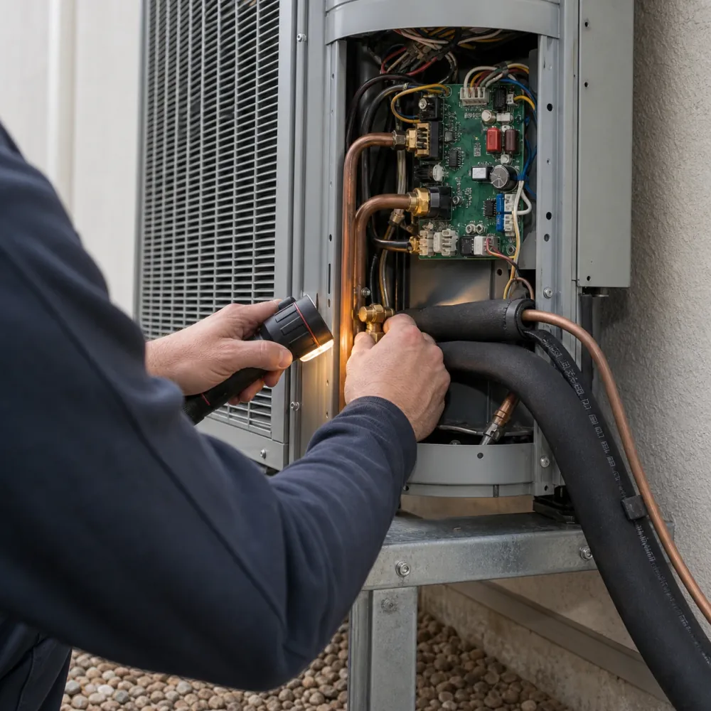 Technician at an outdoor heat pump with the service panel removed, the reversing valve and defrost board in view