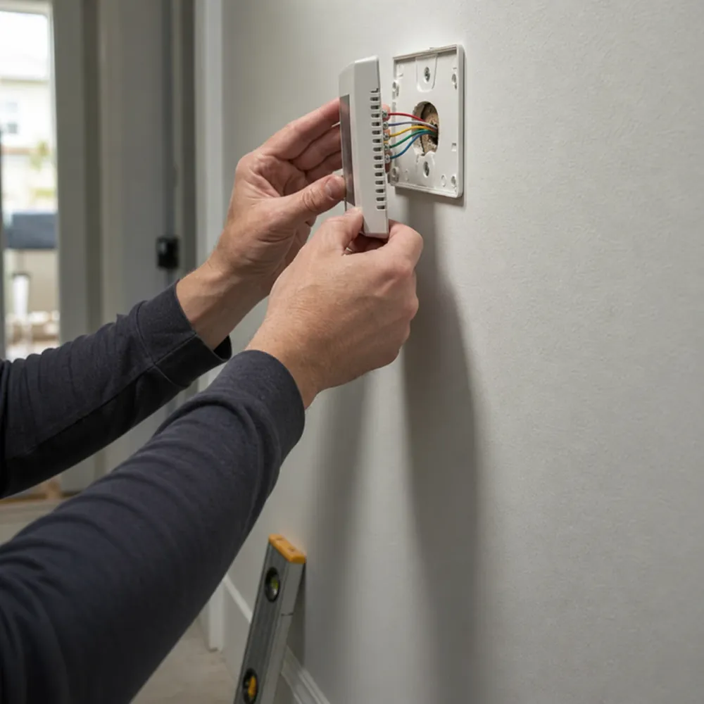 Technician lifting a wall thermostat off its subbase, the colour-coded low-voltage conductors visible in the wall opening