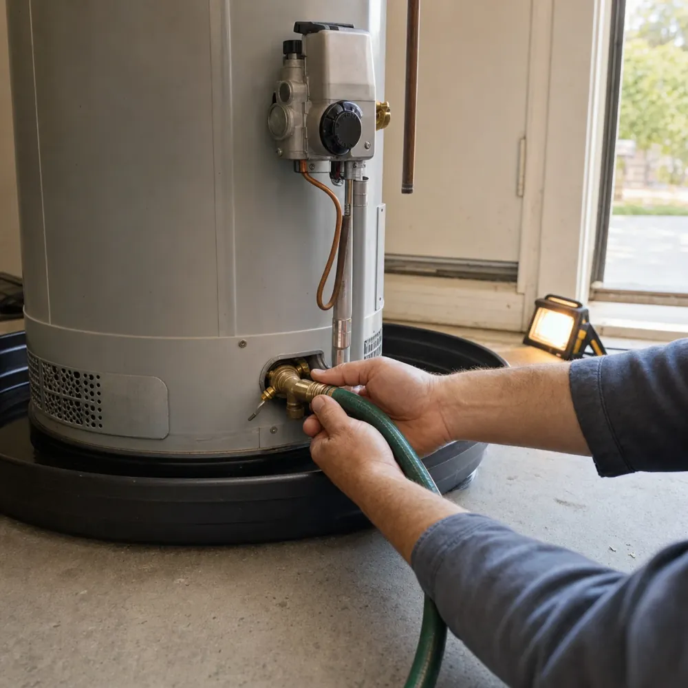 A hose being threaded onto the drain valve at the base of a residential gas water heater